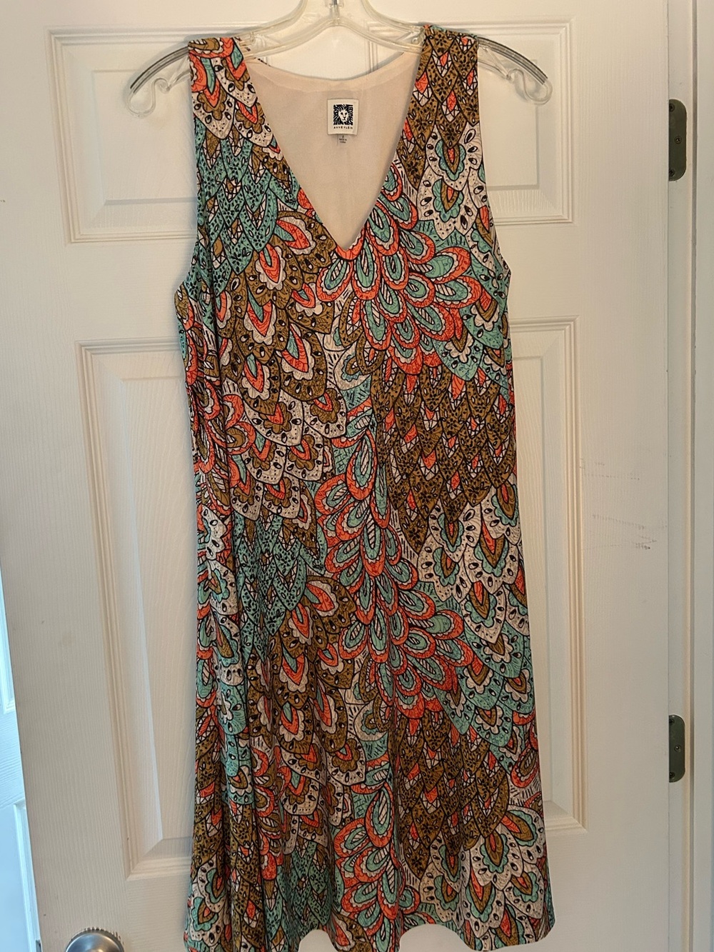 Anne Klein Teal Coral and Brown Paisley V-Neck Midi Dress